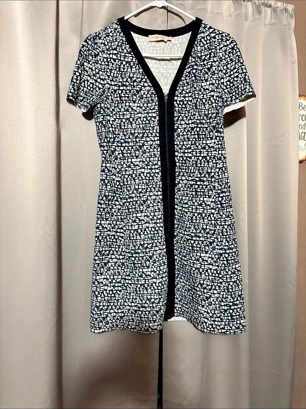 Tory Burch Geometric Print Zip Front Ponte Dress Blue & White Small